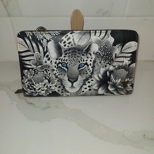 Anuschka Black and White Floral Leopard Wallet GUC